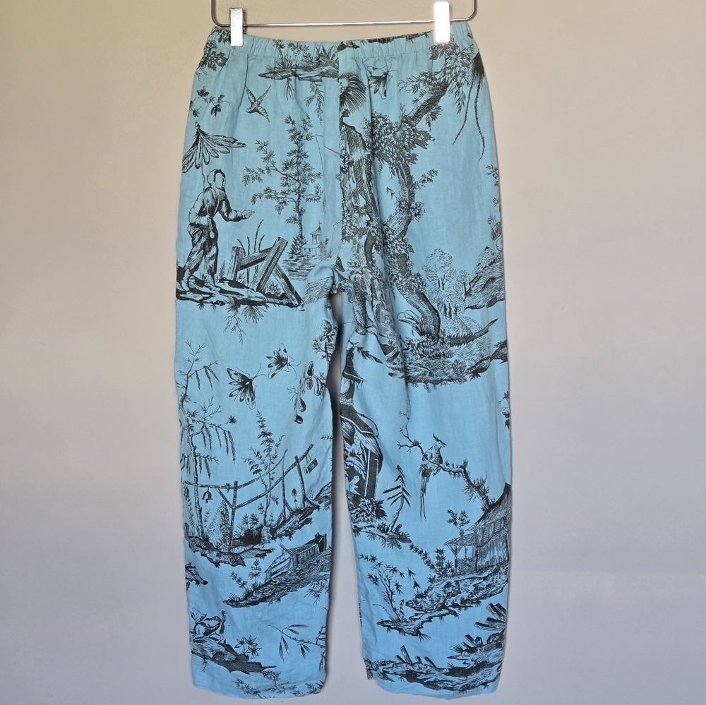 KLEEN 100% Linen Blue Toile Pattern Balloon Cropped Wide Leg Resortwear Pants